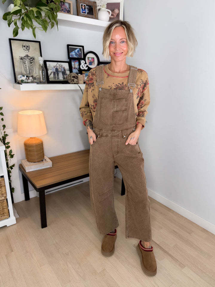 Marie Mineral Washed Barrel Overalls- MOCHA MOUSSE