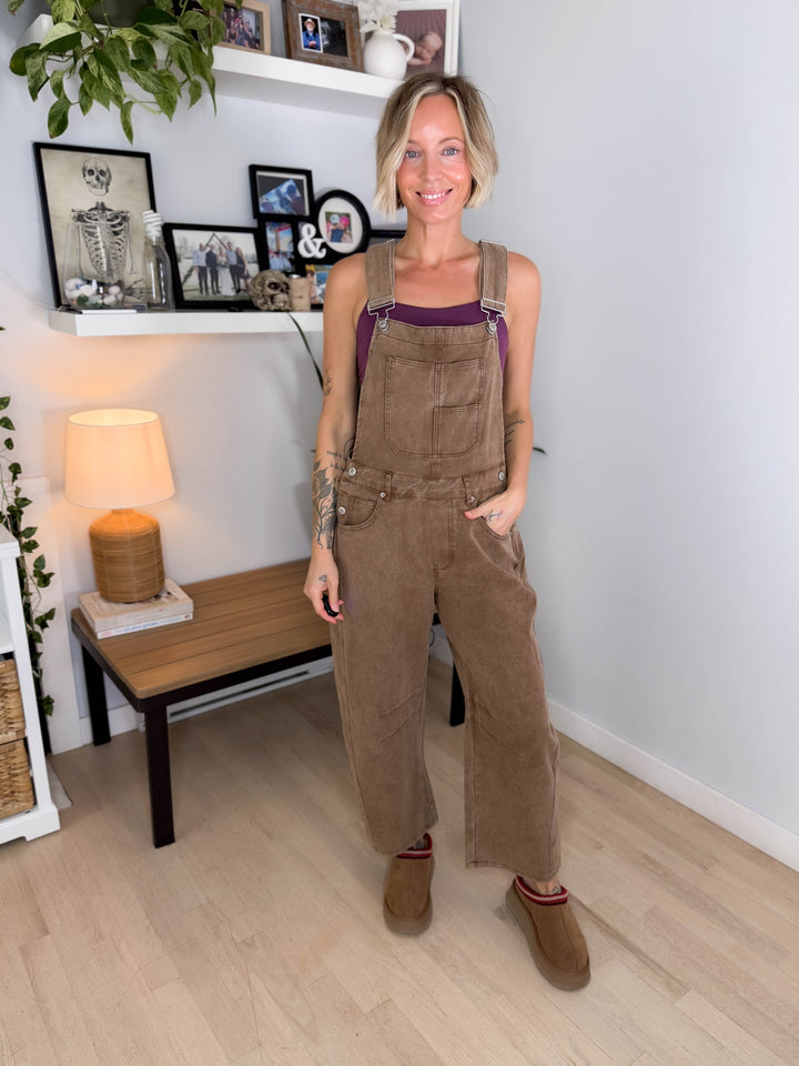 Marie Mineral Washed Barrel Overalls- MOCHA MOUSSE