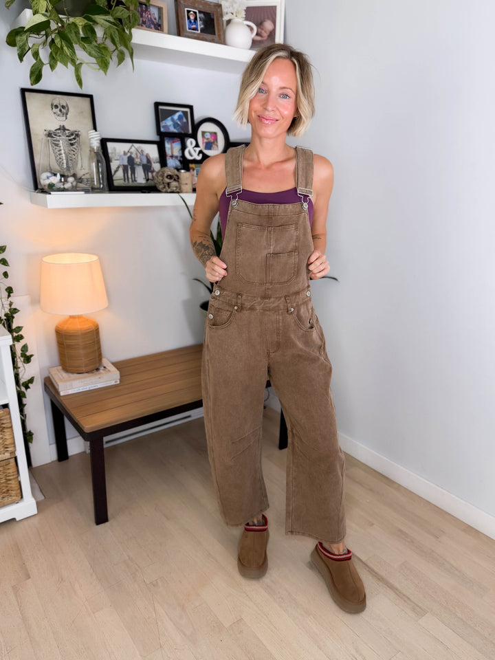 Marie Mineral Washed Barrel Overalls- MOCHA MOUSSE