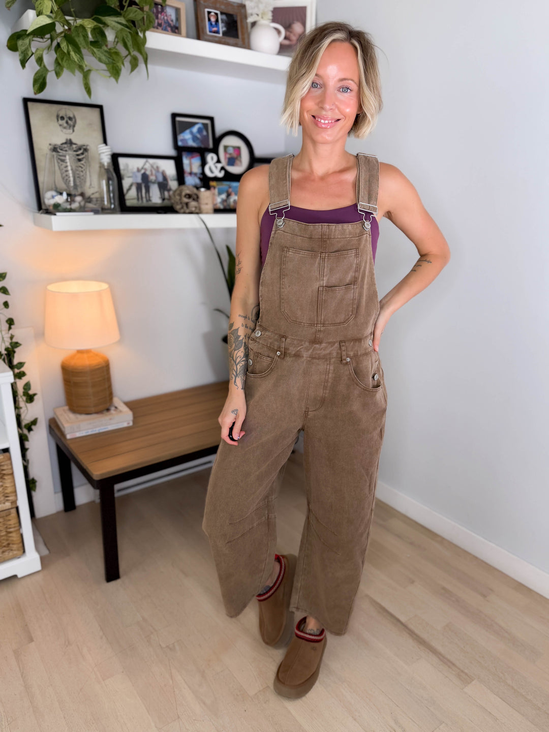Marie Mineral Washed Barrel Overalls- MOCHA MOUSSE