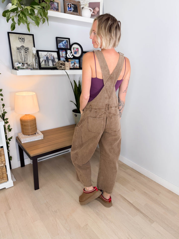 Marie Mineral Washed Barrel Overalls- MOCHA MOUSSE