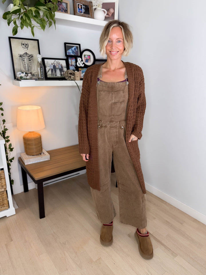 Brandi Long Waffle Knit Cardigan- BROWN