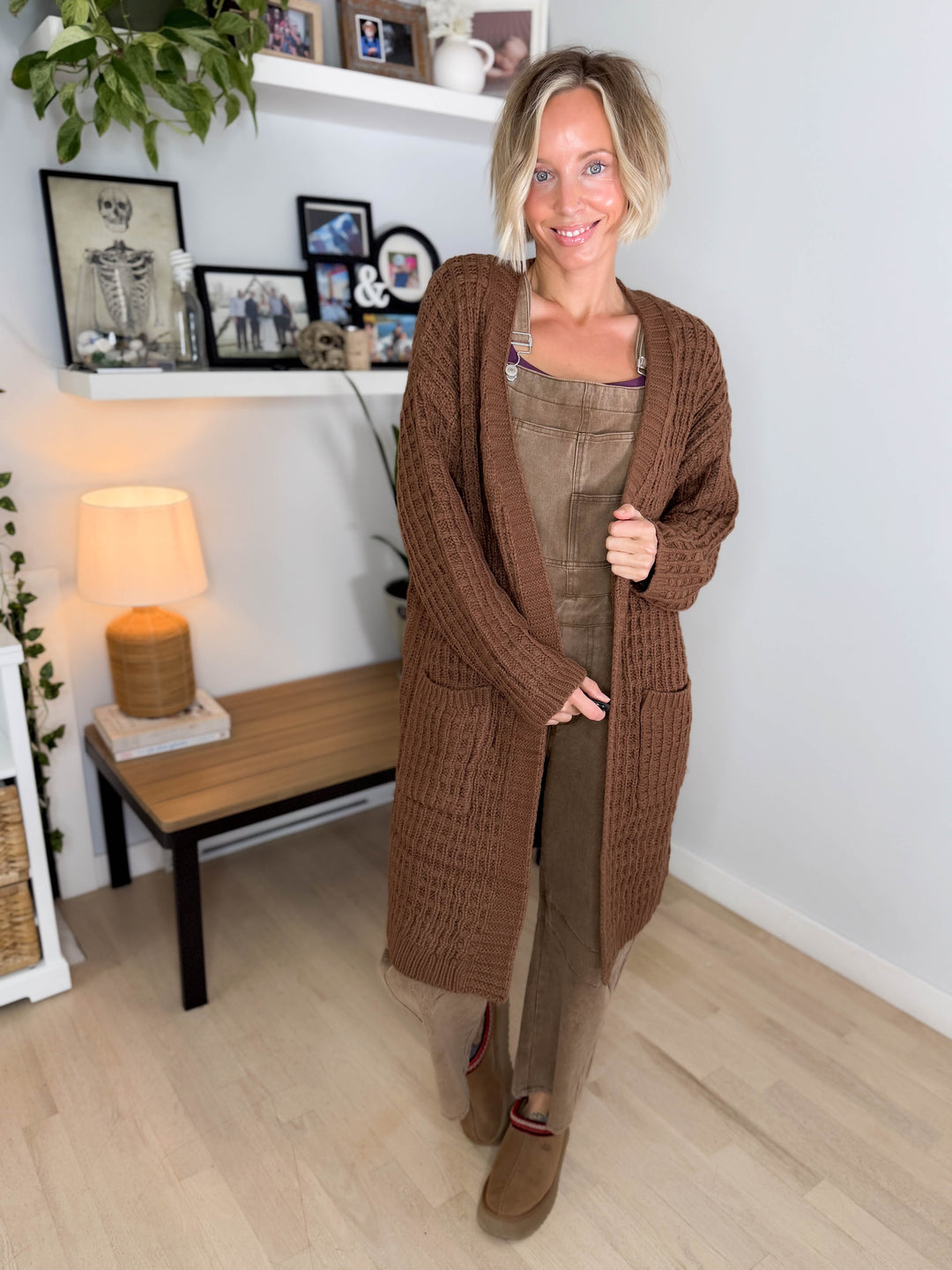 Brandi Long Waffle Knit Cardigan- BROWN