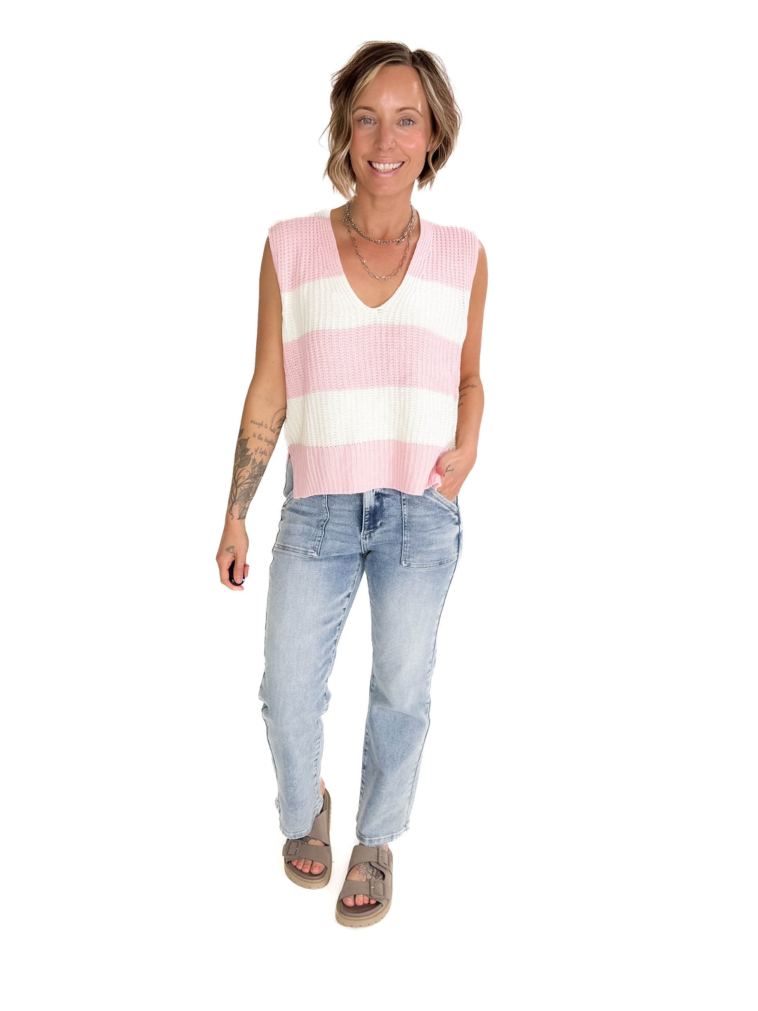 Kaleo Loose Fit Stripe Deep V-Neck Sweater Top-BLUSH/IVORY-FINAL SALE