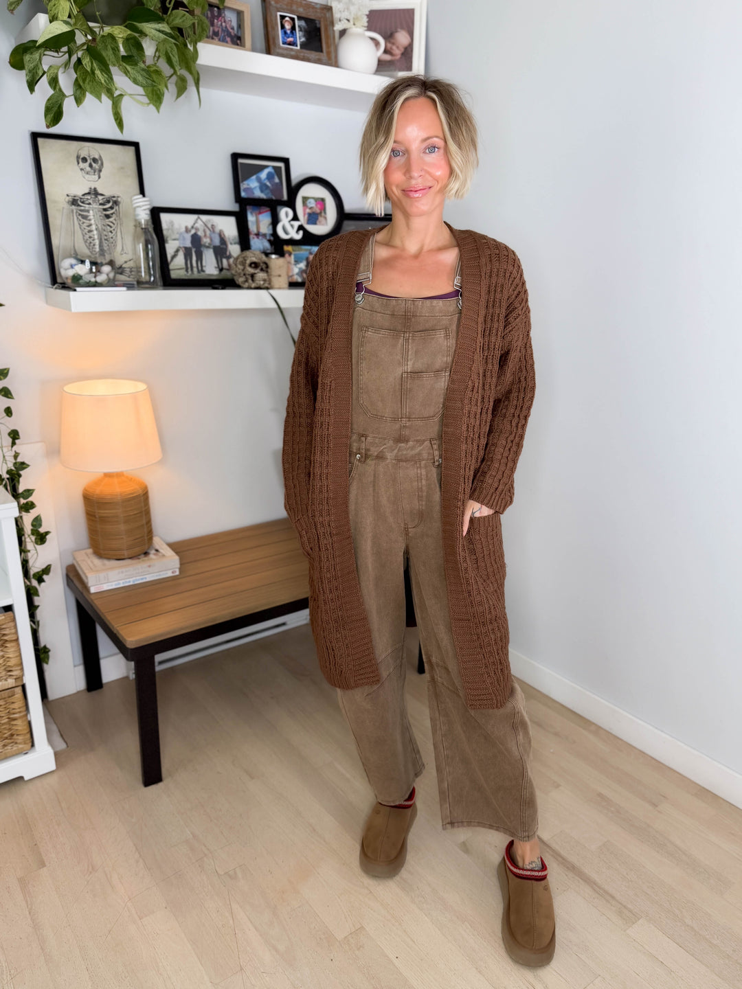 Brandi Long Waffle Knit Cardigan- BROWN