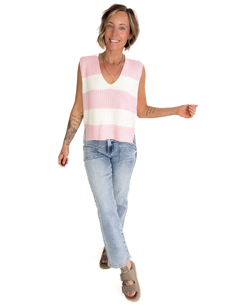 Kaleo Loose Fit Stripe Deep V-Neck Sweater Top-BLUSH/IVORY-FINAL SALE