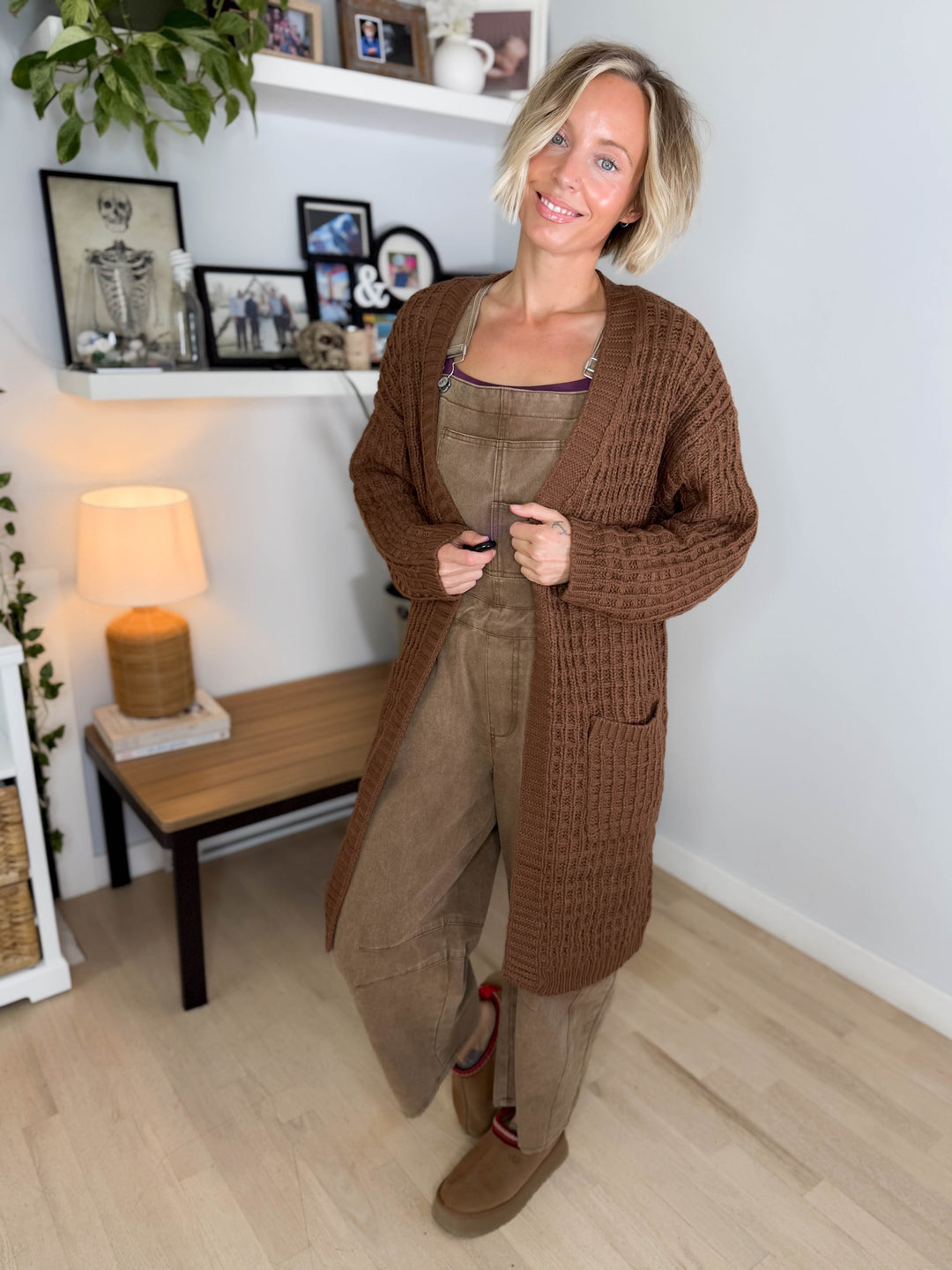Brandi Long Waffle Knit Cardigan- BROWN
