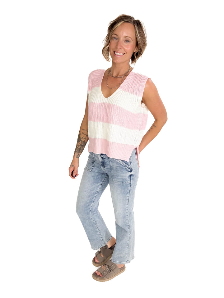 Kaleo Loose Fit Stripe Deep V-Neck Sweater Top-BLUSH/IVORY-FINAL SALE