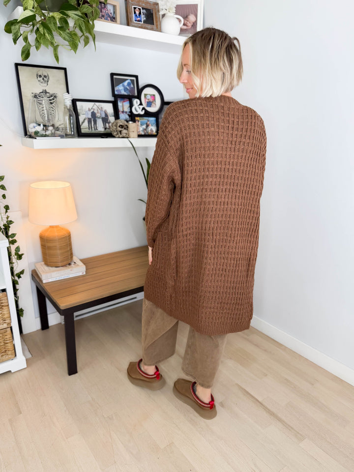 Brandi Long Waffle Knit Cardigan- BROWN