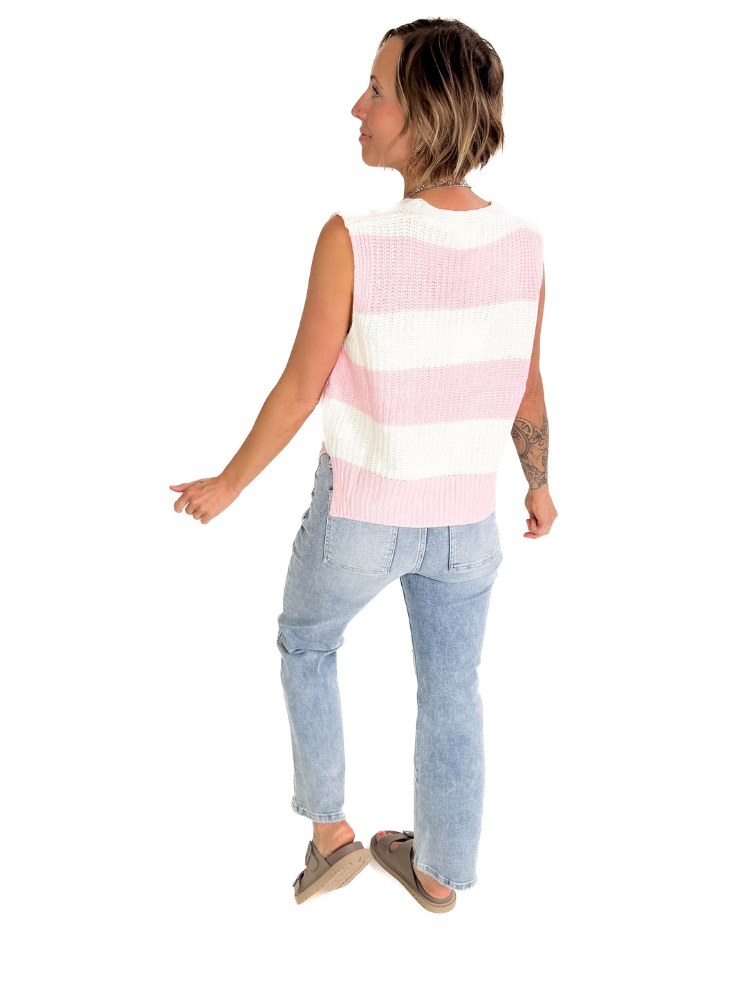 Kaleo Loose Fit Stripe Deep V-Neck Sweater Top-BLUSH/IVORY-FINAL SALE