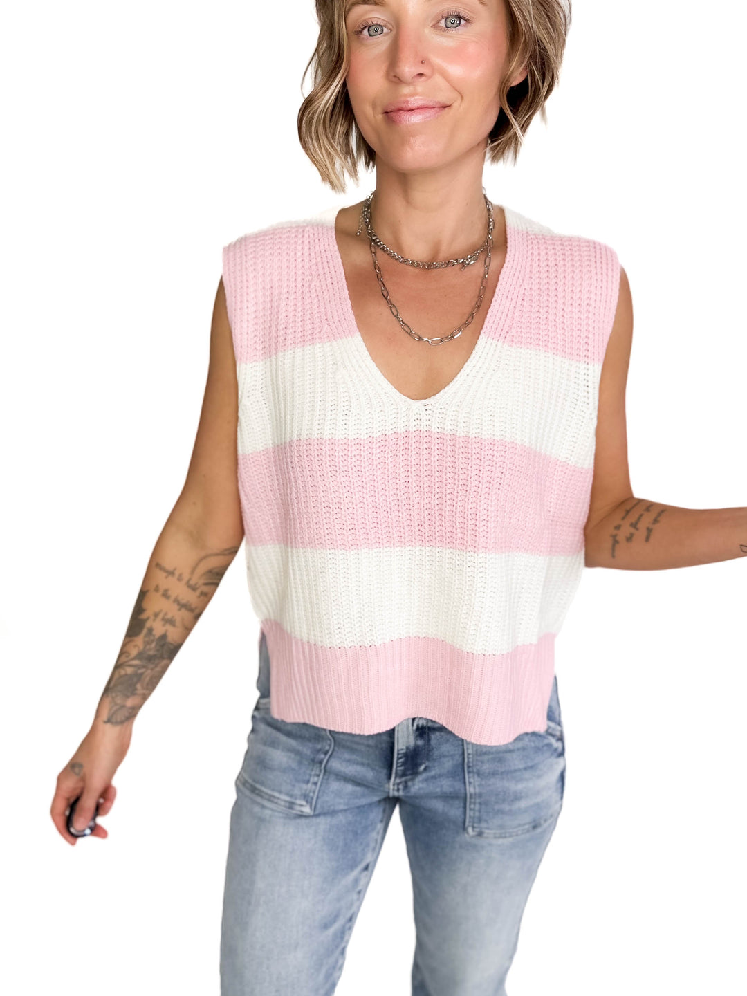 Kaleo Loose Fit Stripe Deep V-Neck Sweater Top-BLUSH/IVORY-FINAL SALE