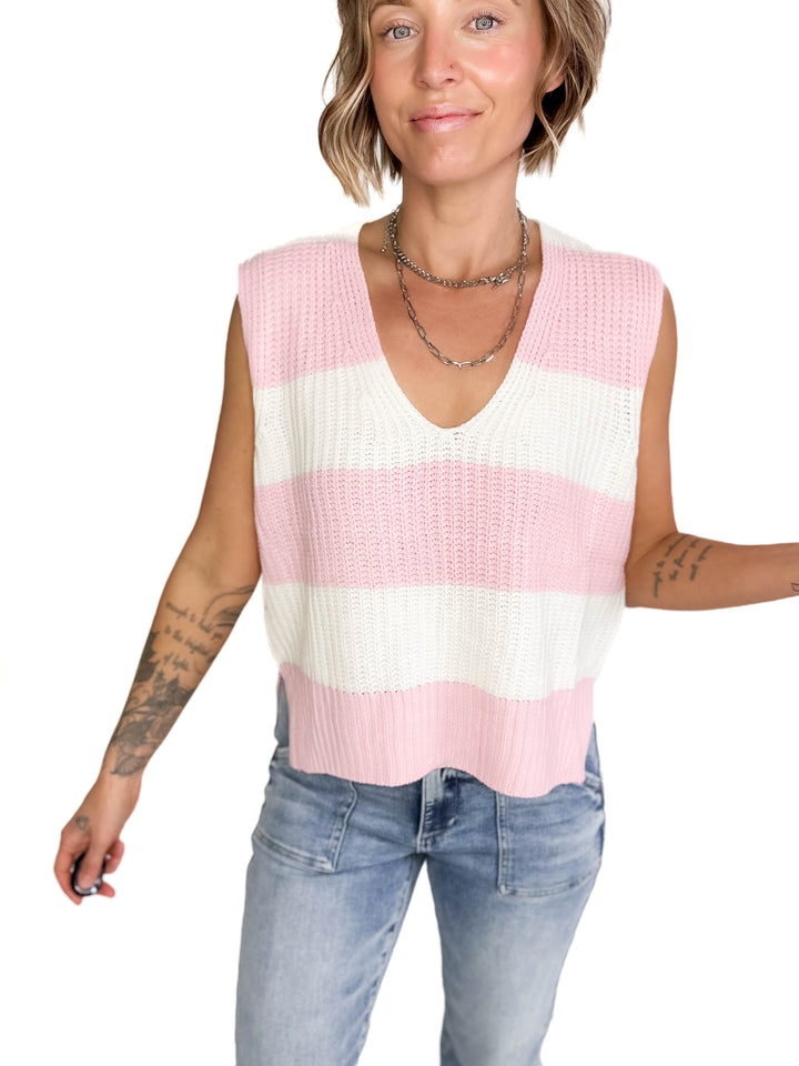 Kaleo Loose Fit Stripe Deep V-Neck Sweater Top-BLUSH/IVORY-FINAL SALE
