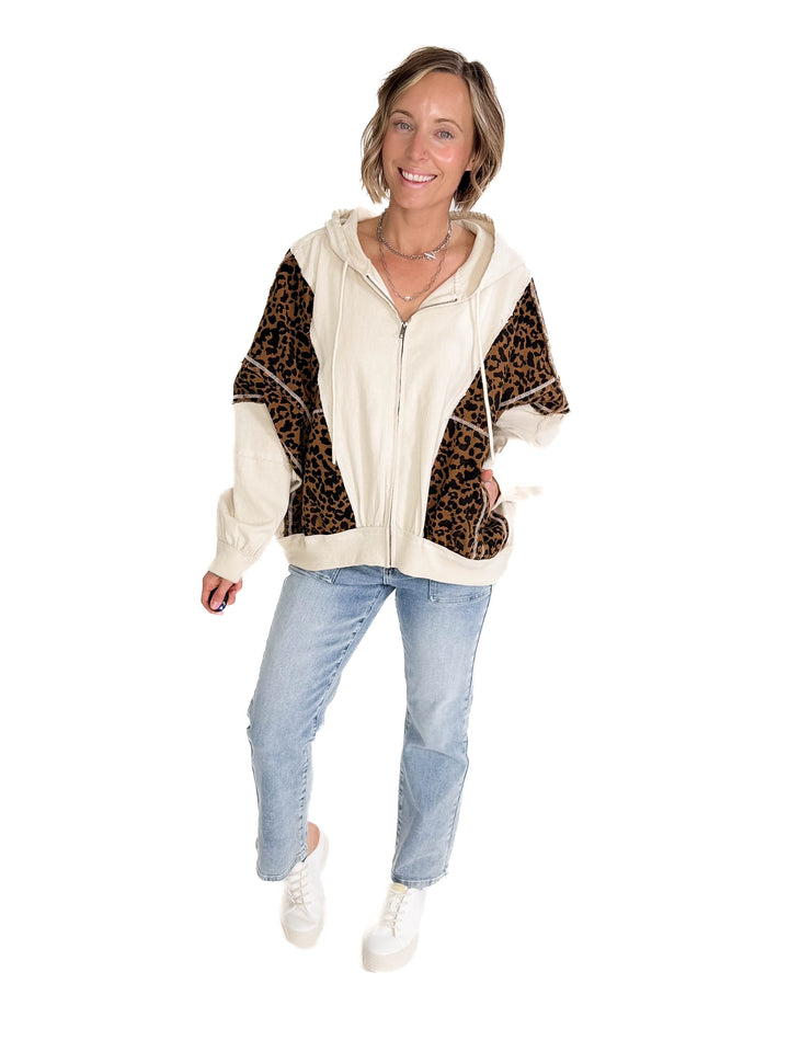Vasia Washed Leopard and Oatmeal Denim HOODIE- OATMEAL/LEOPARD-FINAL SALE