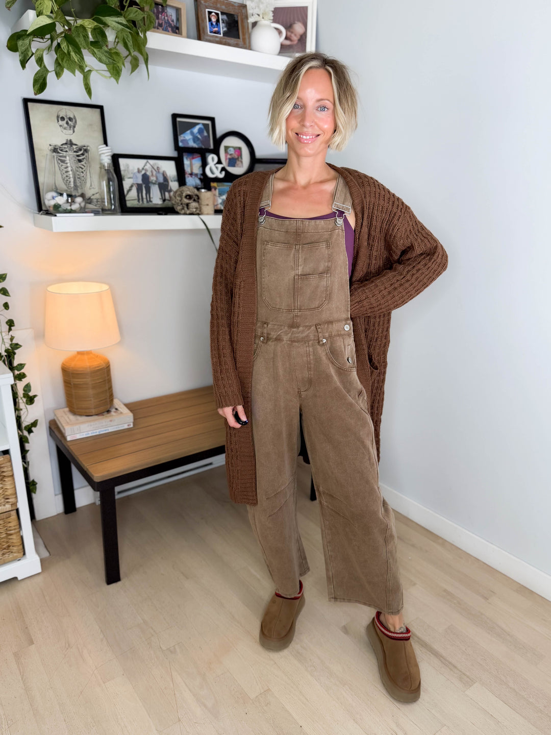 Brandi Long Waffle Knit Cardigan- BROWN