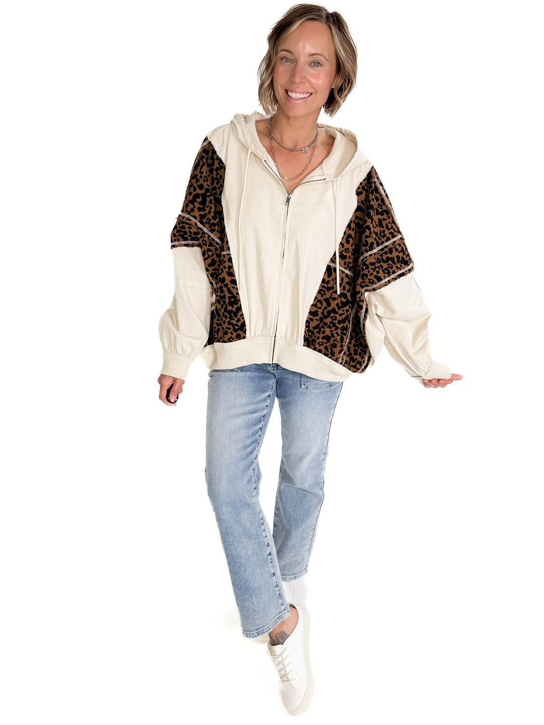 Vasia Washed Leopard and Oatmeal Denim HOODIE- OATMEAL/LEOPARD-FINAL SALE