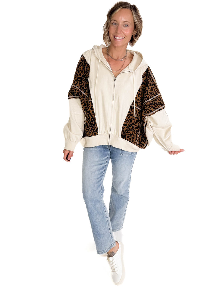 Vasia Washed Leopard and Oatmeal Denim HOODIE- OATMEAL/LEOPARD-FINAL SALE