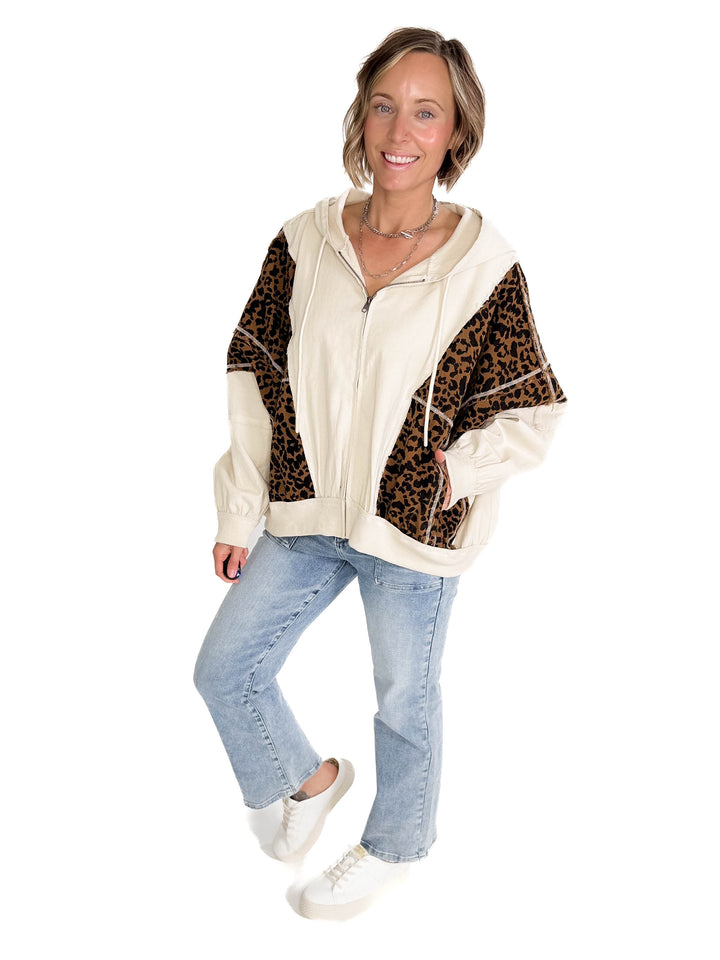 Vasia Washed Leopard and Oatmeal Denim HOODIE- OATMEAL/LEOPARD-FINAL SALE