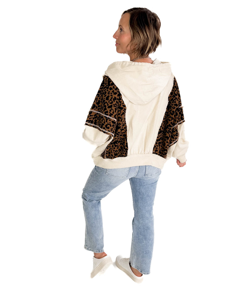 Vasia Washed Leopard and Oatmeal Denim HOODIE- OATMEAL/LEOPARD-FINAL SALE