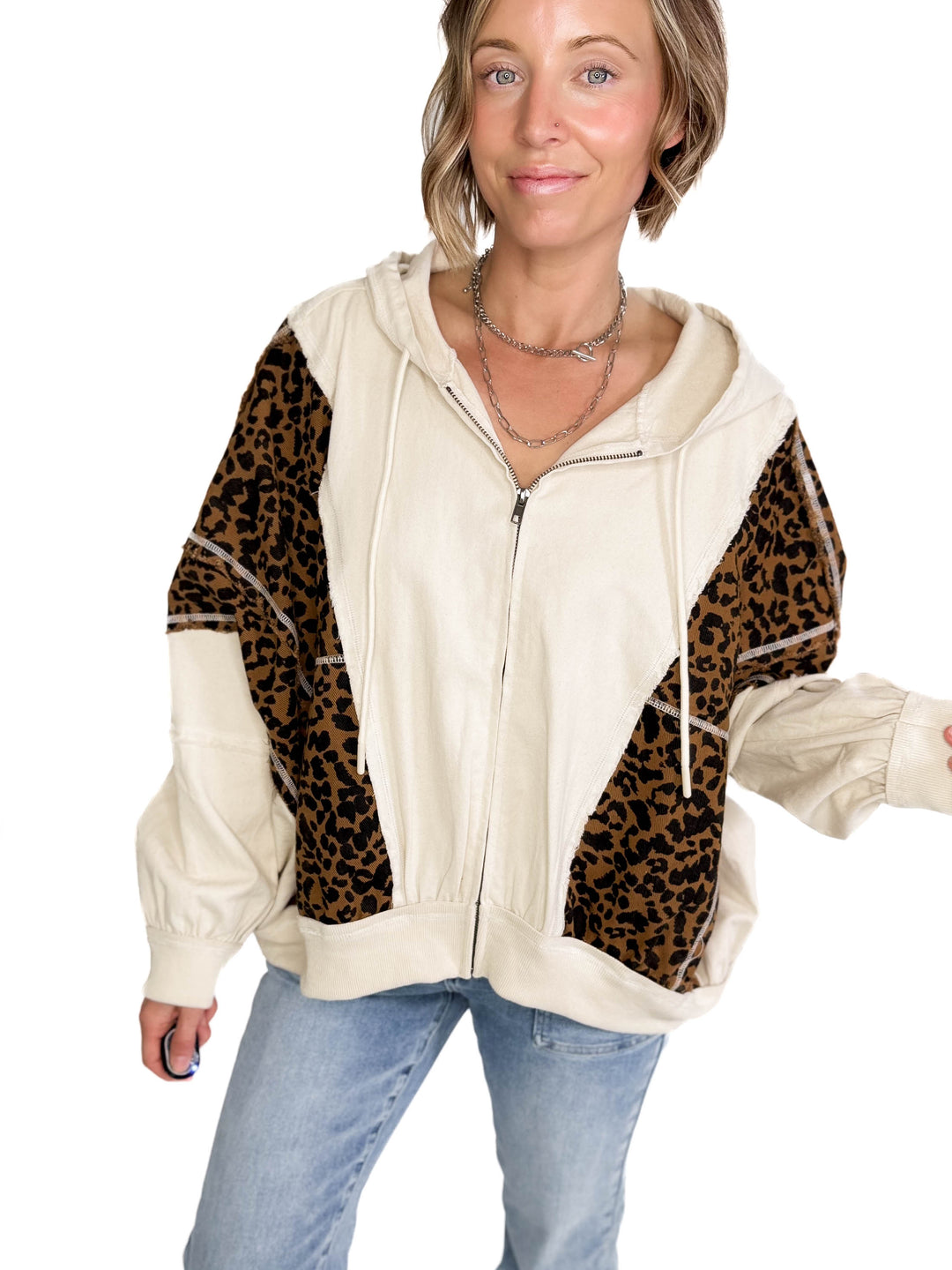 Vasia Washed Leopard and Oatmeal Denim HOODIE- OATMEAL/LEOPARD-FINAL SALE