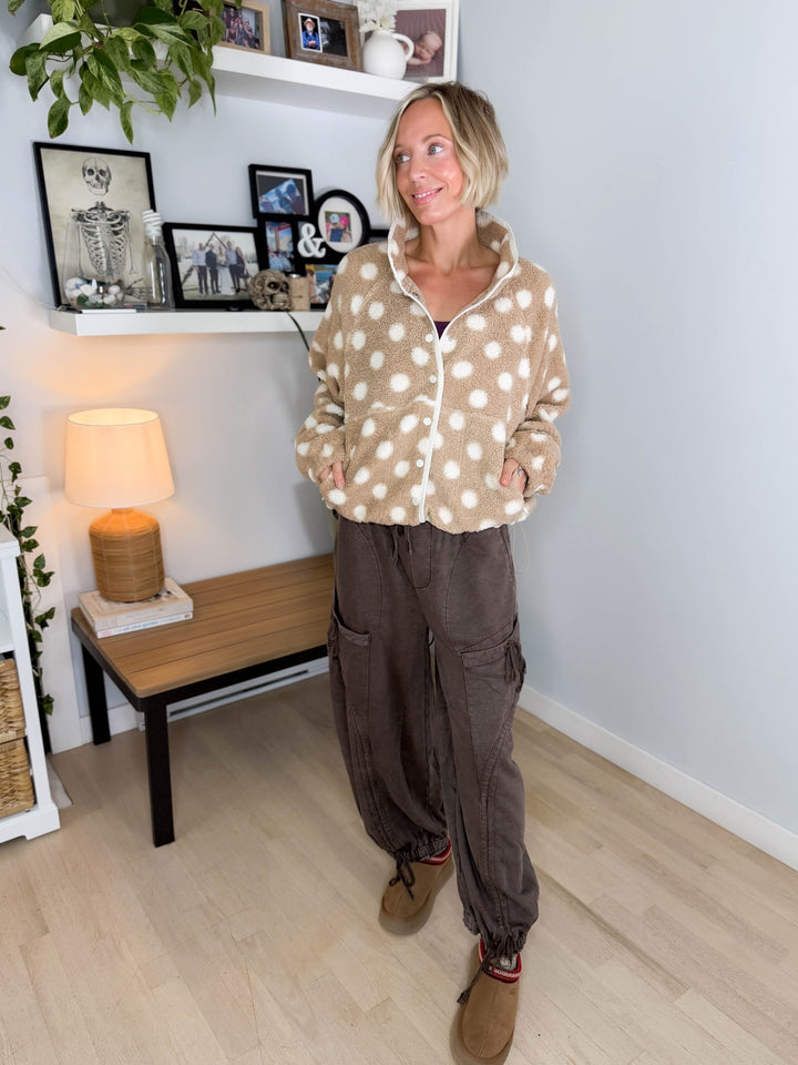Karen Polka Dot Fleece Jacket- TAUPE/IVORY