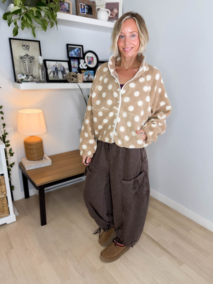 Karen Polka Dot Fleece Jacket- TAUPE/IVORY