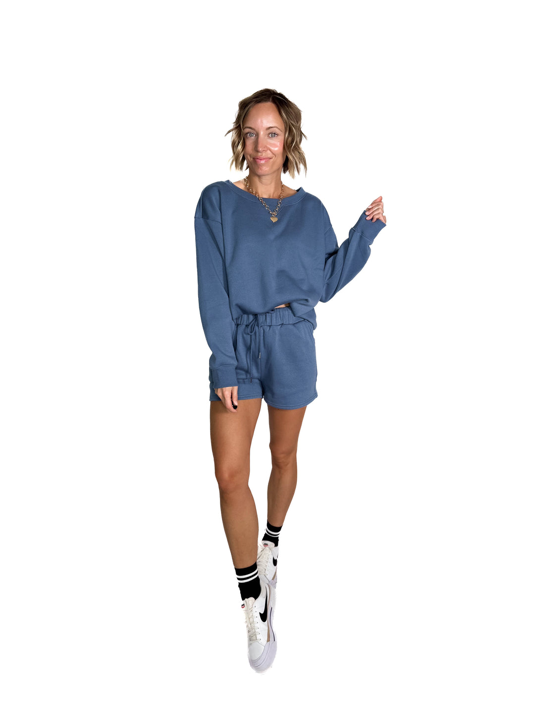 Chill Fleece Shorts Sweat Set- HEATHER GREY- DUSTY BLUE