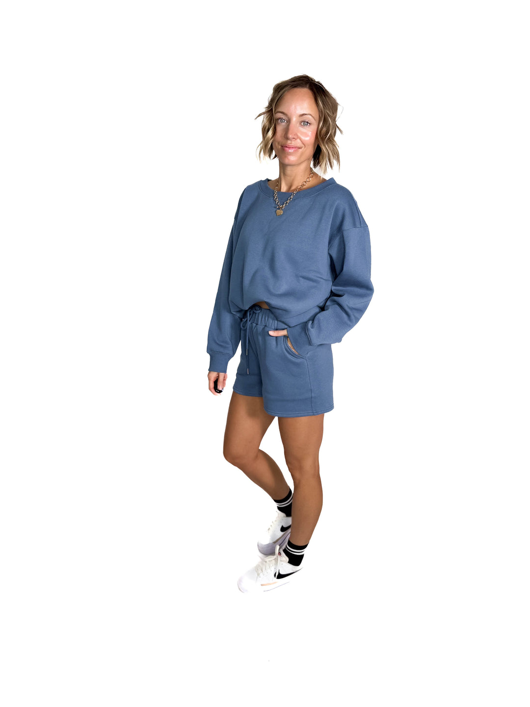 Chill Fleece Shorts Sweat Set- HEATHER GREY- DUSTY BLUE