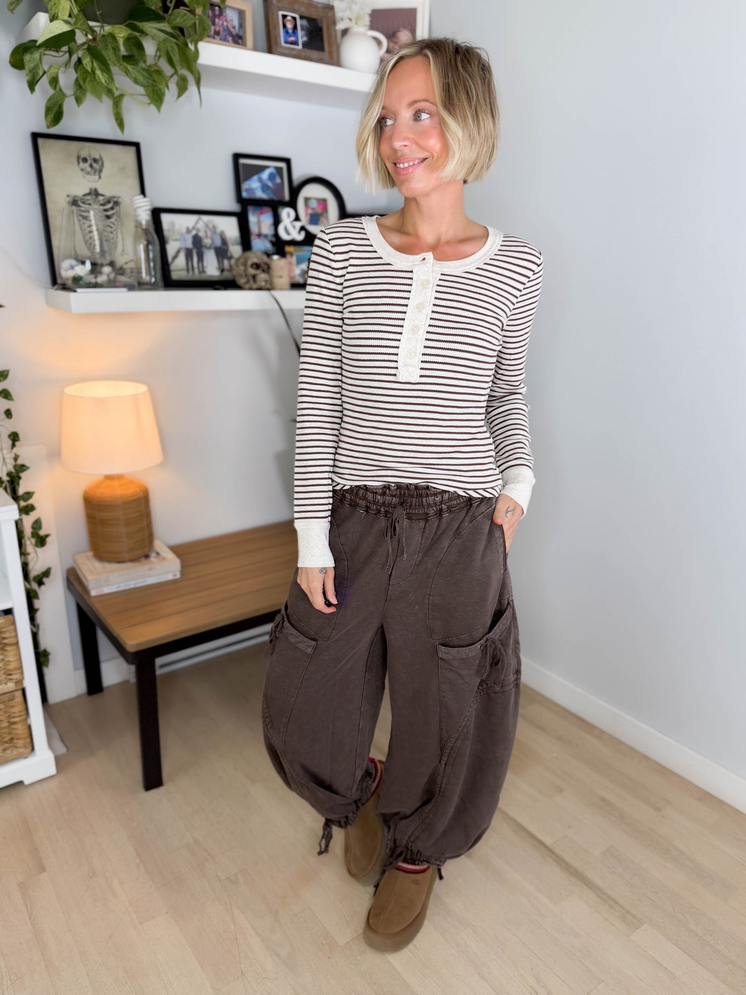 Aurora Waffle Henley Long Sleeve- OATMEAL/CHOCO