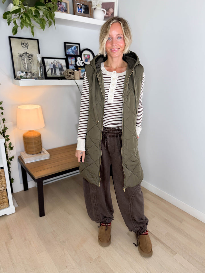 Gloria Quilted Long Puffer Hooded Vest- OLIVE