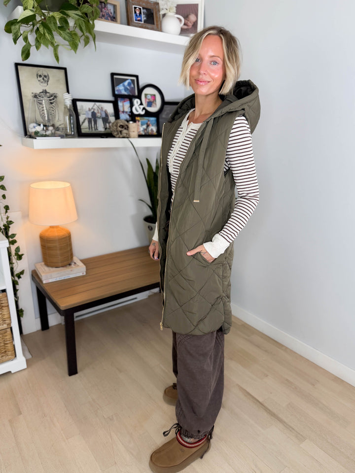 Gloria Quilted Long Puffer Hooded Vest- OLIVE