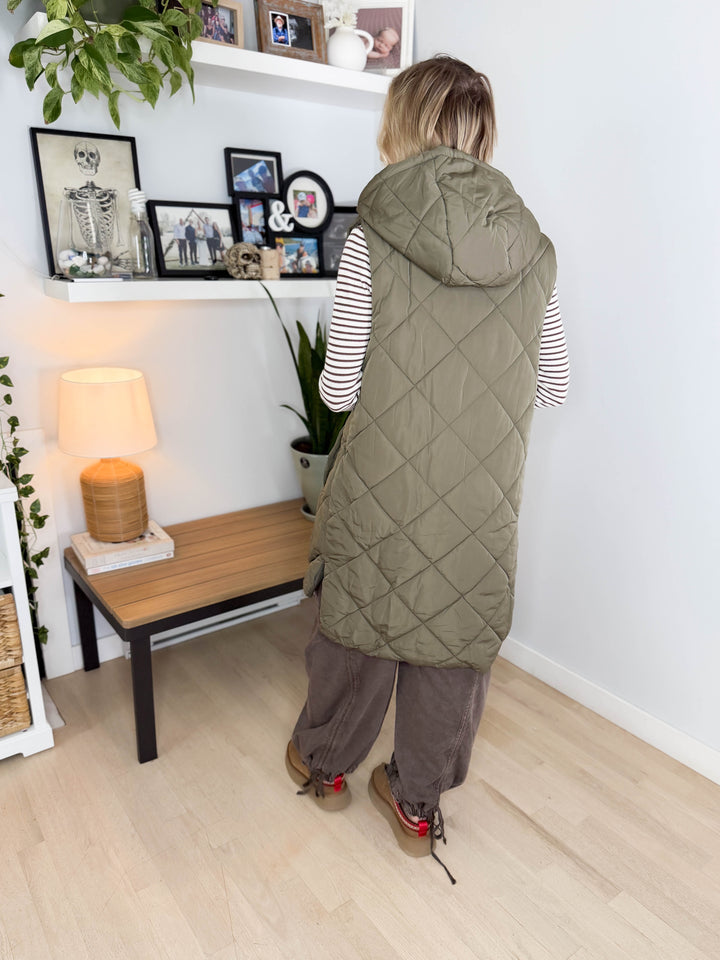 Gloria Quilted Long Puffer Hooded Vest- OLIVE