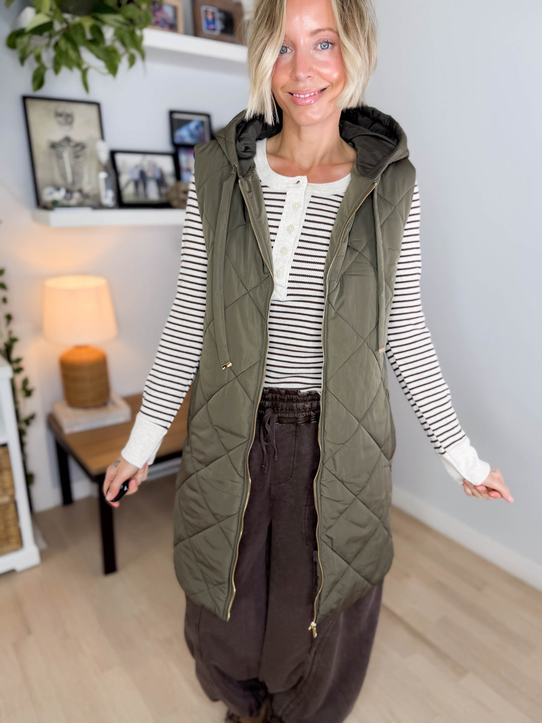 Gloria Quilted Long Puffer Hooded Vest- OLIVE