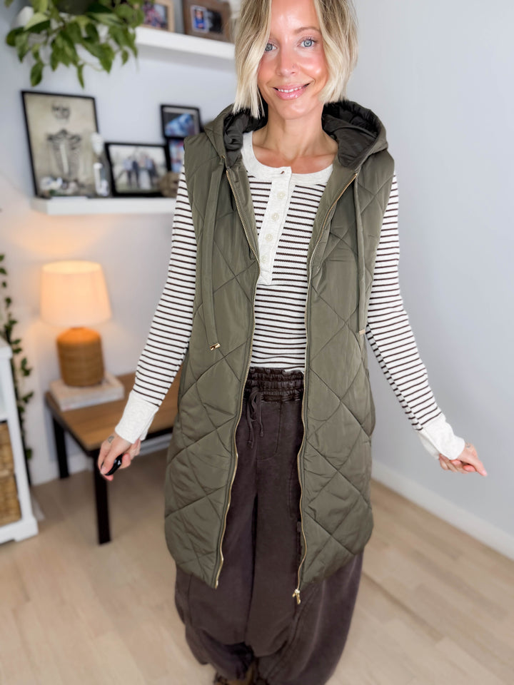 Gloria Quilted Long Puffer Hooded Vest- OLIVE