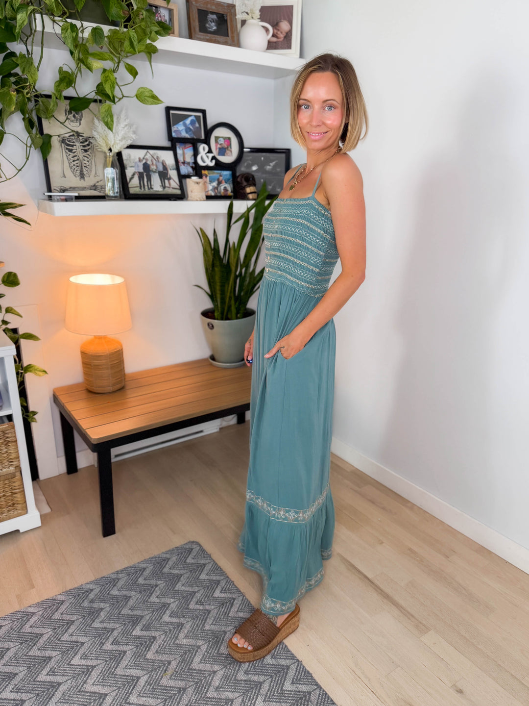 Ocean Pearl Smocked Maxi Dress- TEAL