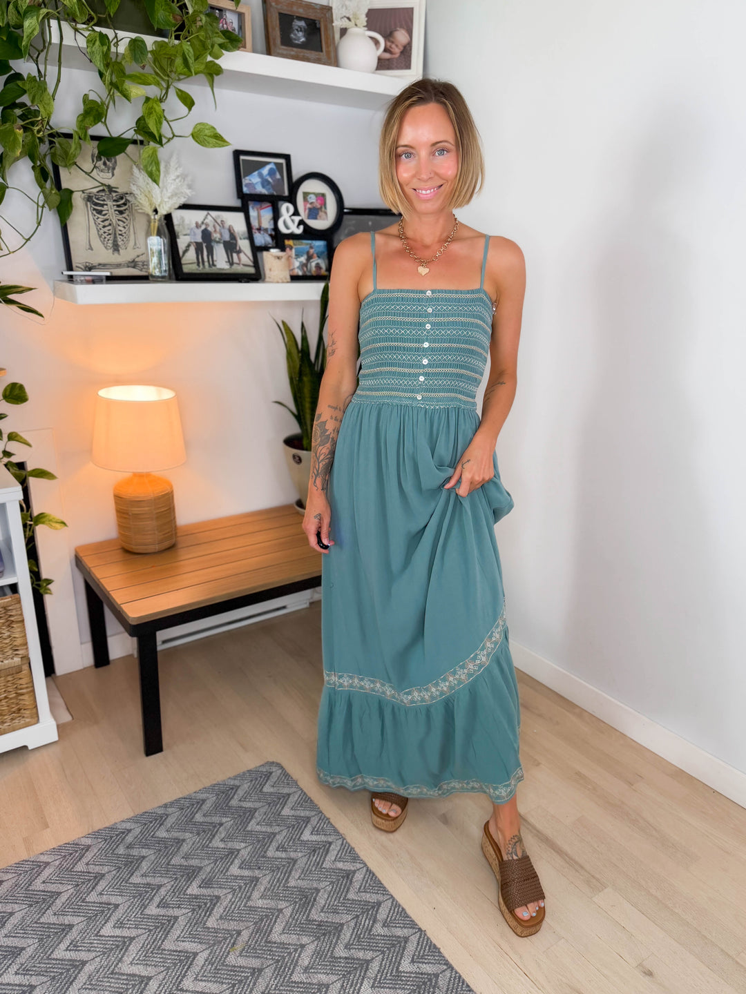 Ocean Pearl Smocked Maxi Dress- TEAL