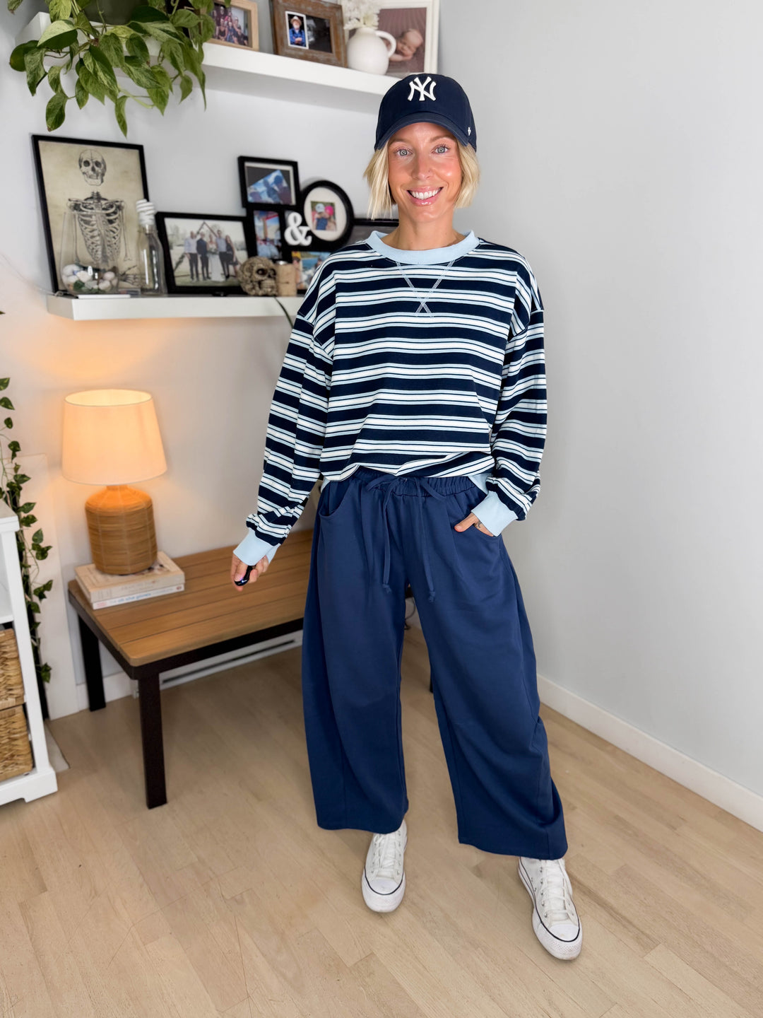 Zella Oversized French Terry Striped Sweatshirt- NAVY COMBO