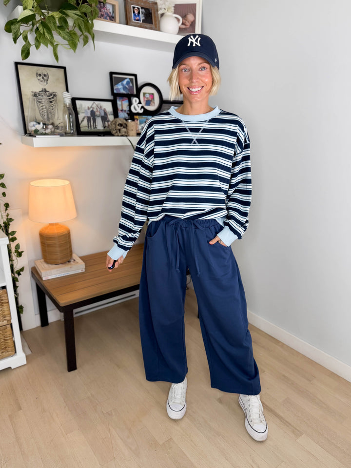 Zella Oversized French Terry Striped Sweatshirt- NAVY COMBO