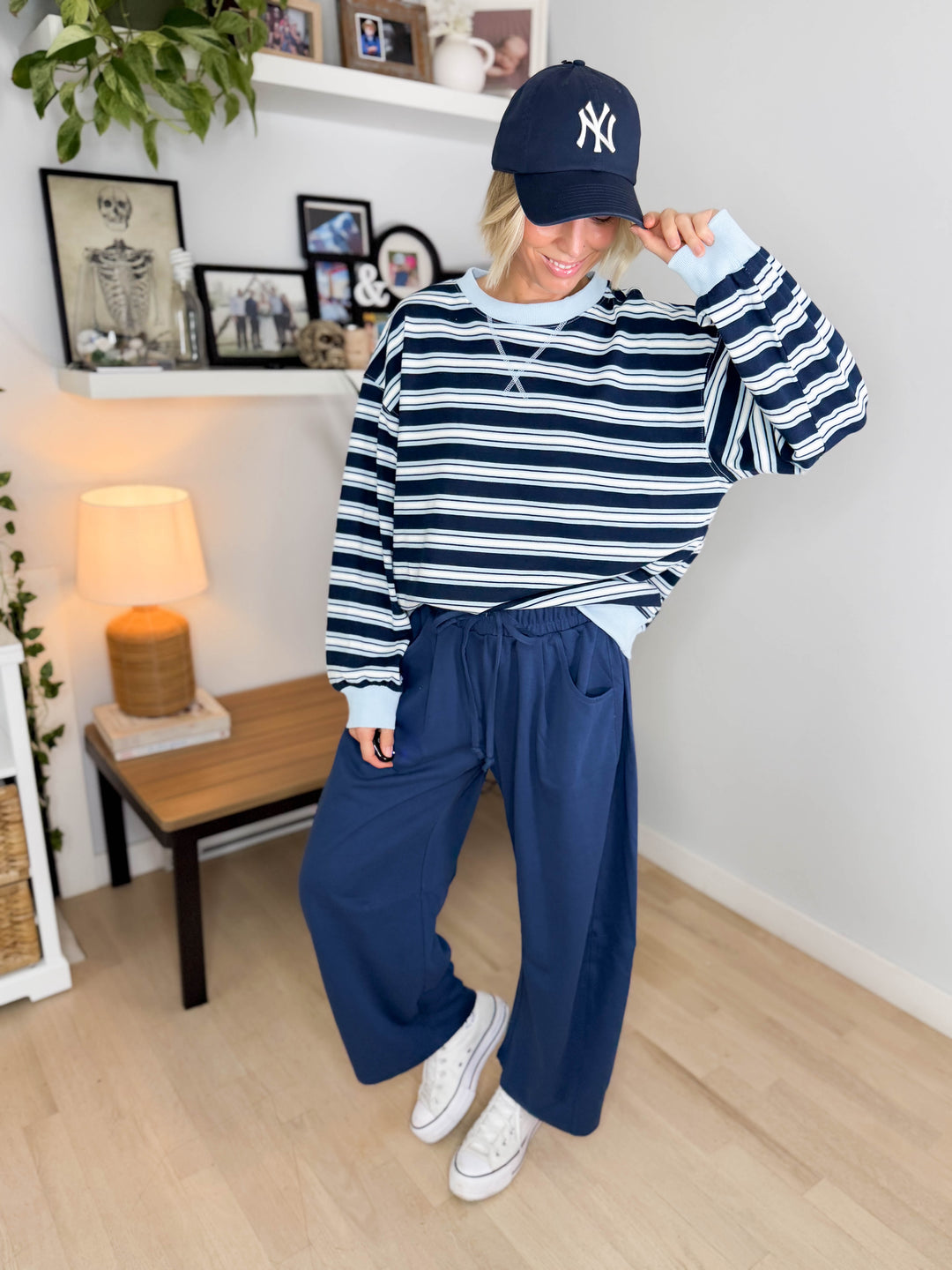 Zella Oversized French Terry Striped Sweatshirt- NAVY COMBO