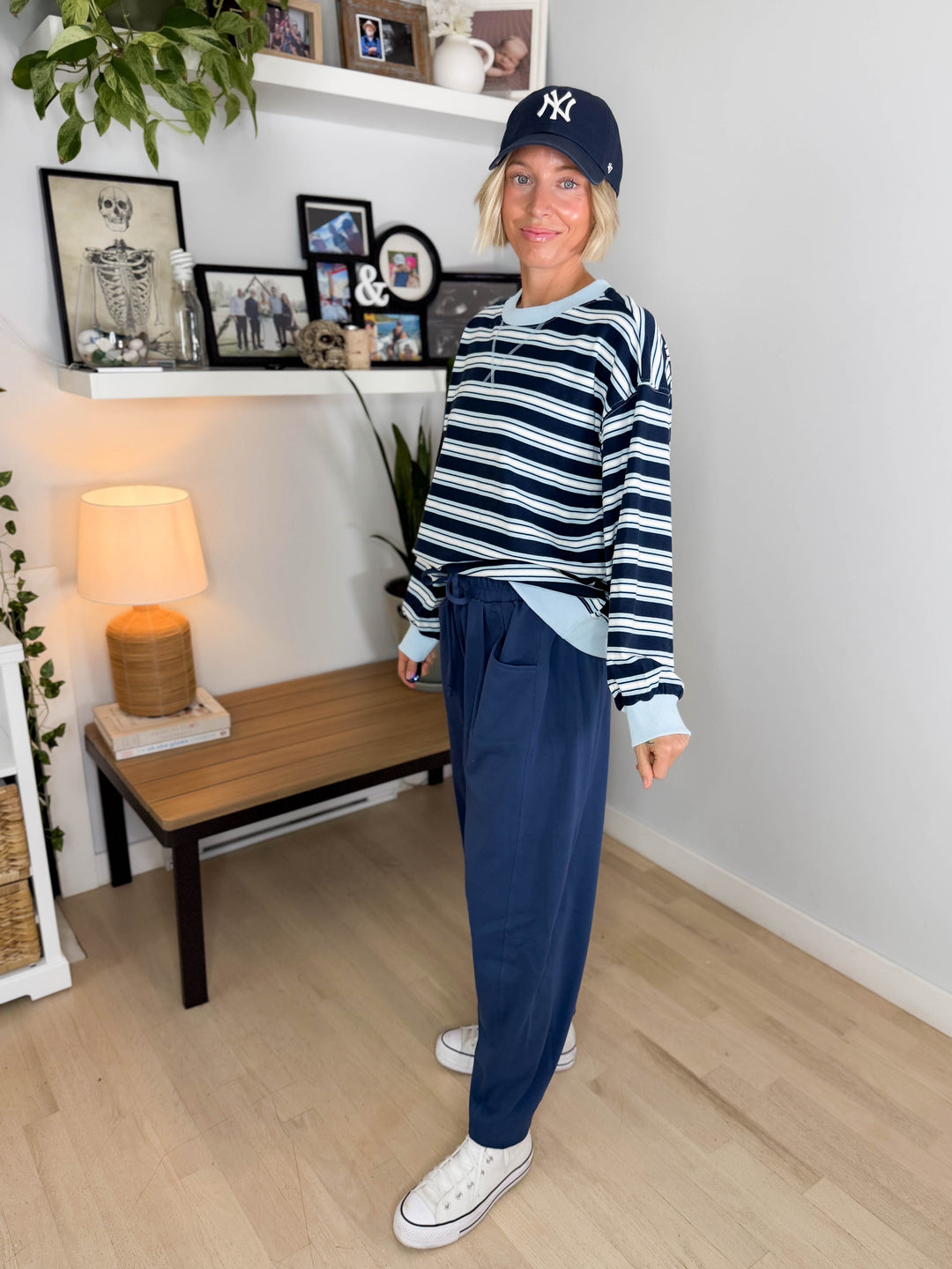 Zella Oversized French Terry Striped Sweatshirt- NAVY COMBO