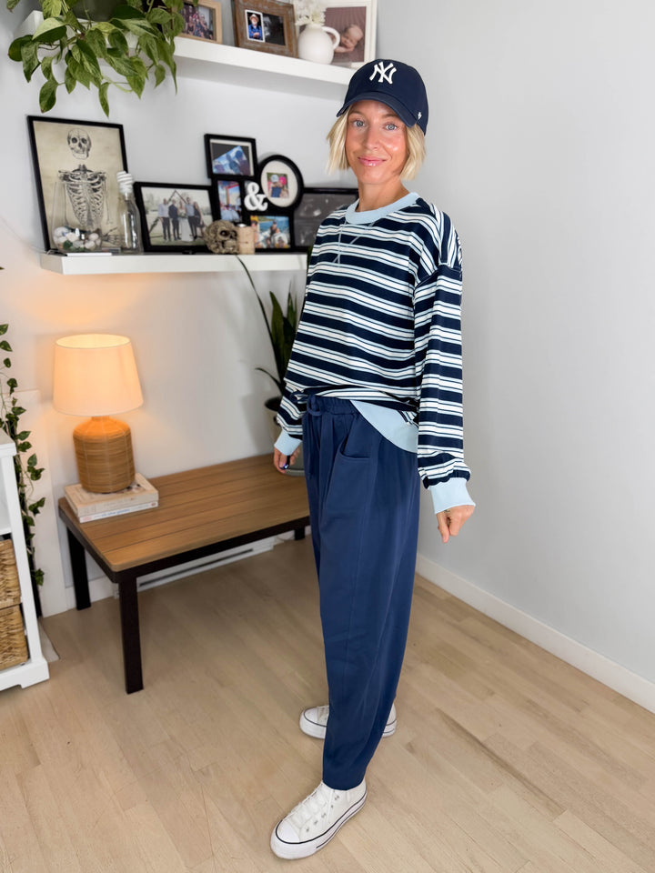 Zella Oversized French Terry Striped Sweatshirt- NAVY COMBO