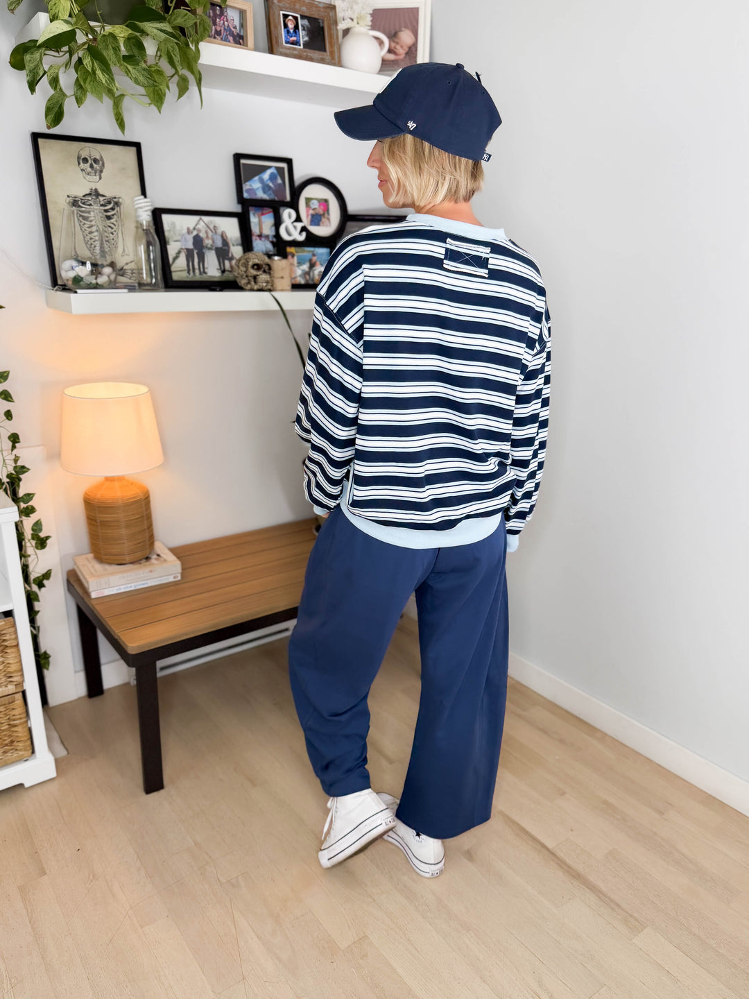 Zella Oversized French Terry Striped Sweatshirt- NAVY COMBO