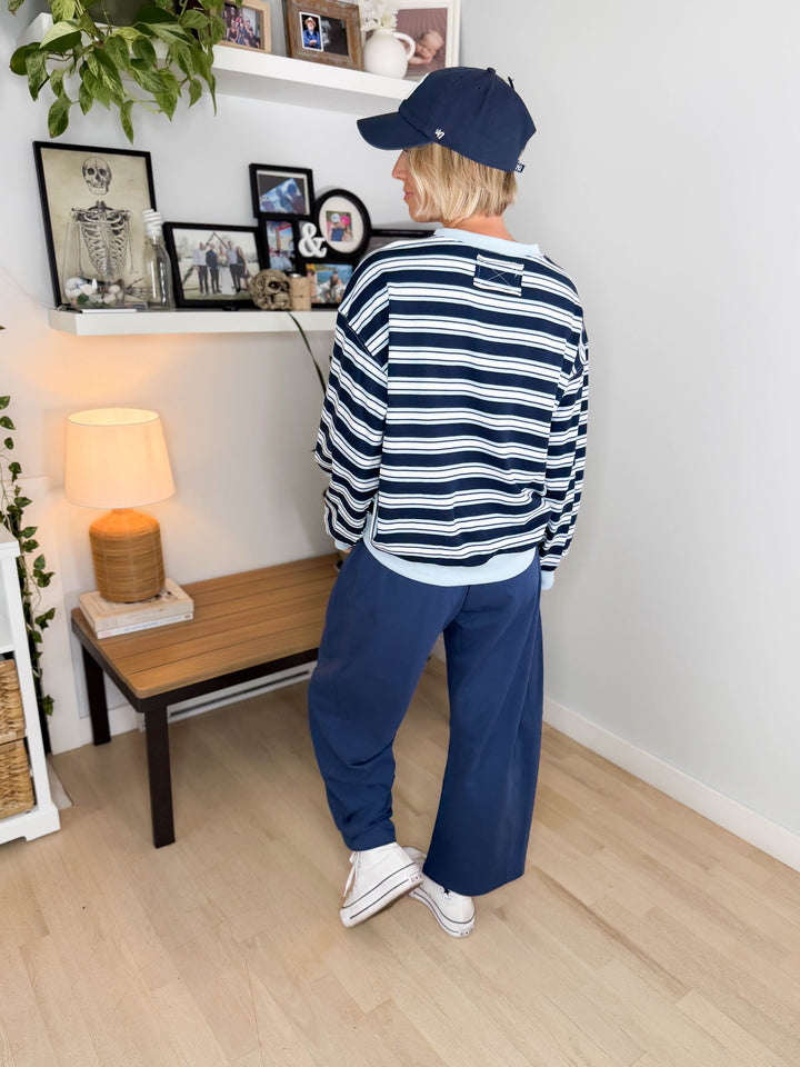 Zella Oversized French Terry Striped Sweatshirt- NAVY COMBO