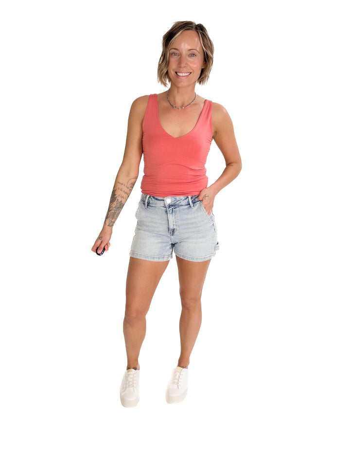 Lucy Double V Neck Jersey Tank-  CORAL