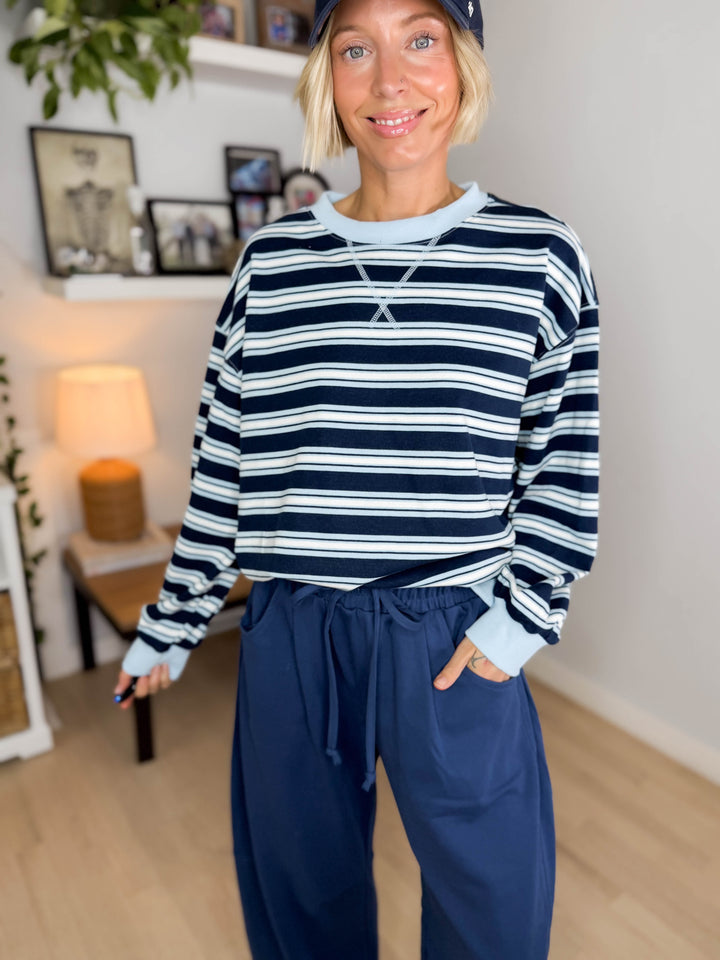Zella Oversized French Terry Striped Sweatshirt- NAVY COMBO