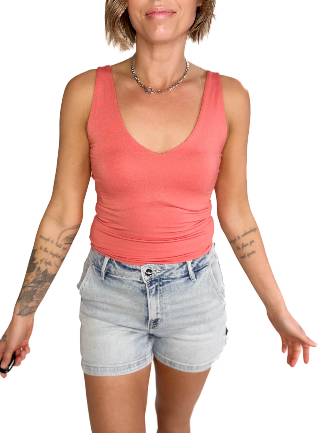 Lucy Double V Neck Jersey Tank-  CORAL