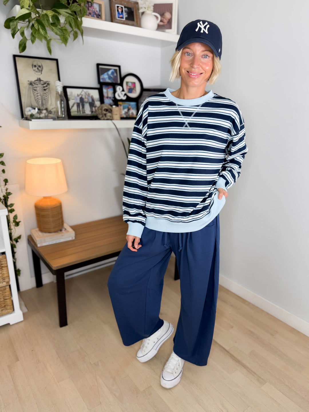Zella Oversized French Terry Striped Sweatshirt- NAVY COMBO