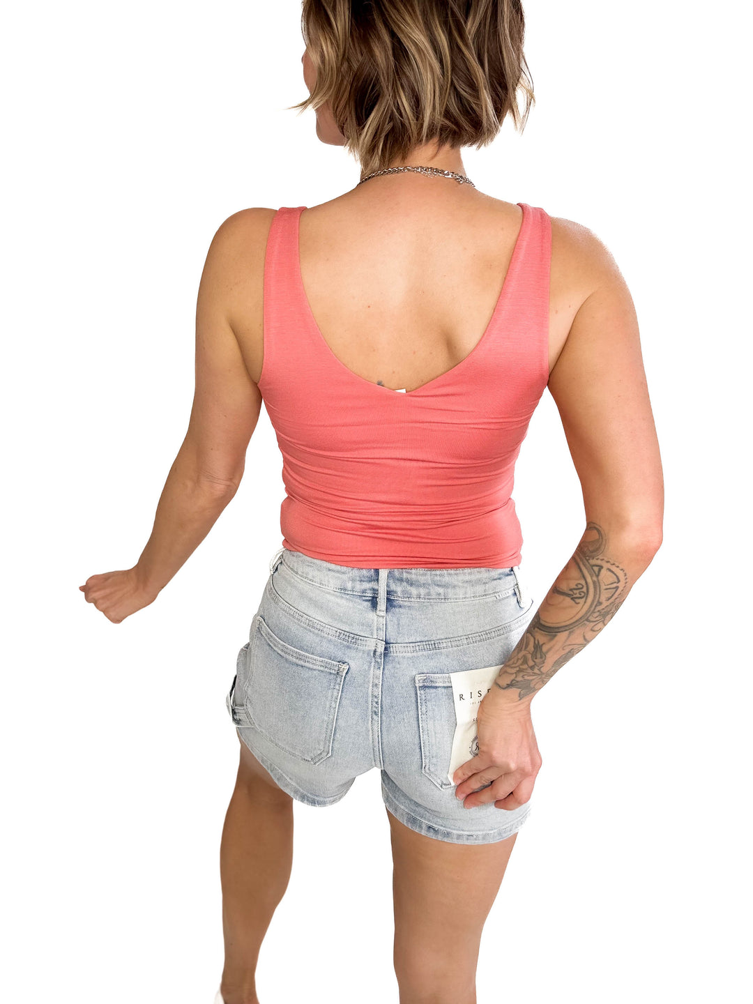 Lucy Double V Neck Jersey Tank-  CORAL