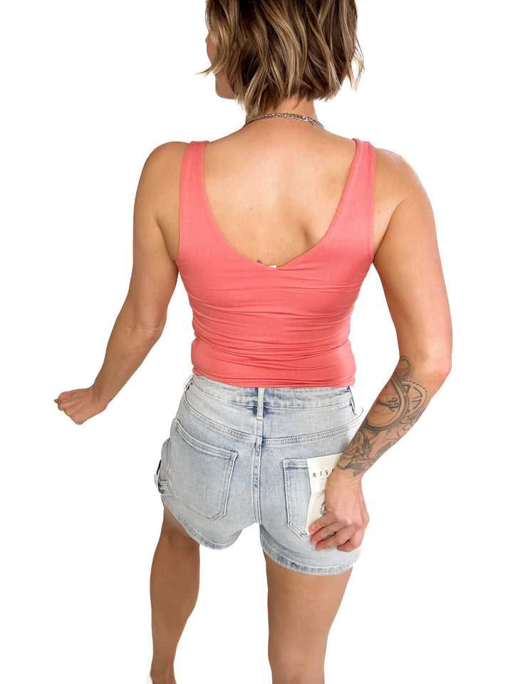 Lucy Double V Neck Jersey Tank-  CORAL
