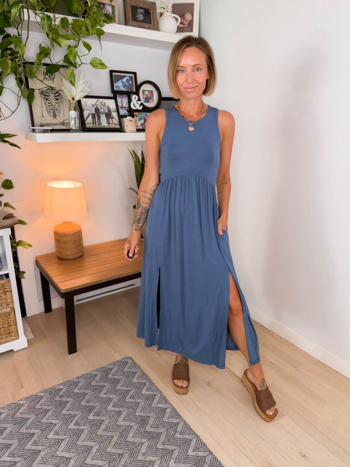 Beverly Side Slit Midi Dress- SLATE