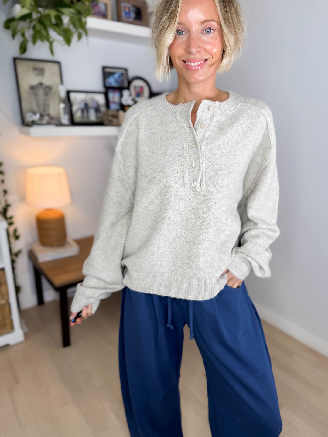 Gianna Knit Henley Sweater- MUSHROOM
